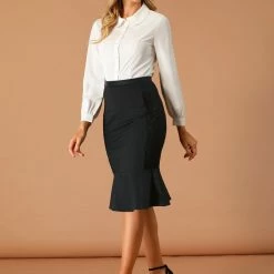 Allegra K Women's Pencil Skirt Lace Ruffle Mermaid Work Office High Waist Skirts