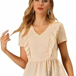 Allegra K Women's Pleated V Neck Blouse Summer Casual Peasant Ruffle Decor Top