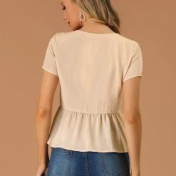 Allegra K Women's Pleated V Neck Blouse Summer Casual Peasant Ruffle Decor Top