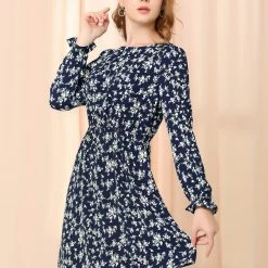 Allegra K Women's Floral Ruffle Long Sleeves Casual Chiffon Dress