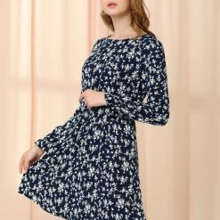 Allegra K Women's Floral Ruffle Long Sleeves Casual Chiffon Dress