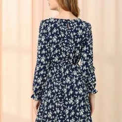 Allegra K Women's Floral Ruffle Long Sleeves Casual Chiffon Dress