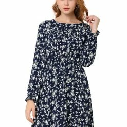 Allegra K Women's Floral Ruffle Long Sleeves Casual Chiffon Dress