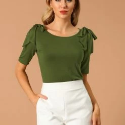 Allegra K Women's Boat Neck Elbow Sleeve Shirt Blouse Summer Top