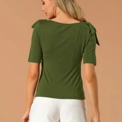 Allegra K Women's Boat Neck Elbow Sleeve Shirt Blouse Summer Top