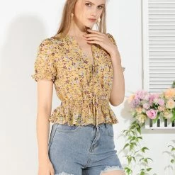 Allegra K Women's Tie V Neck Ruffle Elegant Top Puff Sleeves Floral Blouse