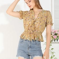 Allegra K Women's Tie V Neck Ruffle Elegant Top Puff Sleeves Floral Blouse