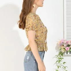 Allegra K Women's Tie V Neck Ruffle Elegant Top Puff Sleeves Floral Blouse