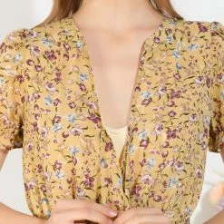 Allegra K Women's Tie V Neck Ruffle Elegant Top Puff Sleeves Floral Blouse