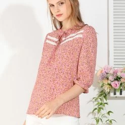 Allegra K Women's Ruffle Split Tie Neck Lace Insert Puff Sleeve Floral Blouse Top 13 Allegra K Women's Ruffle Split Tie Neck Lace Insert Puff Sleeve Floral Blouse Top