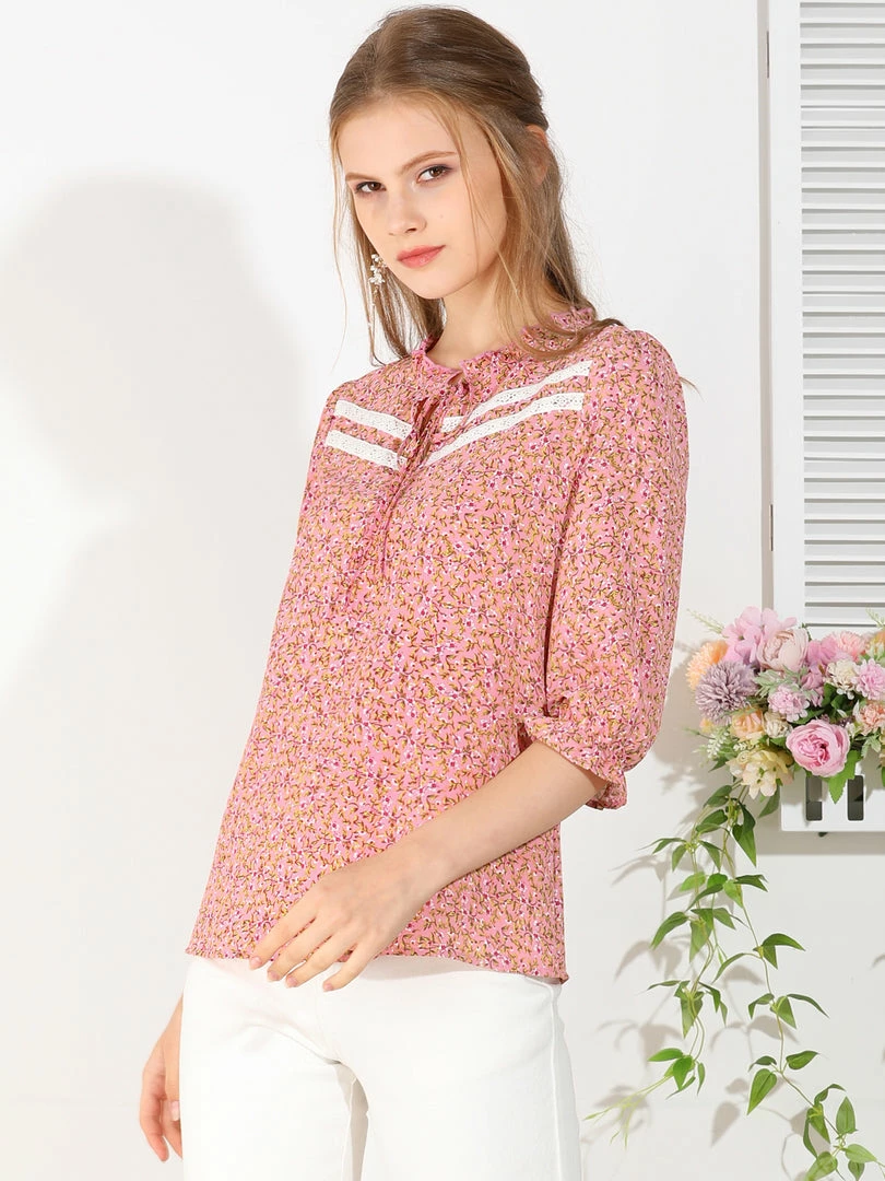 Allegra K Women's Ruffle Split Tie Neck Lace Insert Puff Sleeve Floral Blouse Top 7 Allegra K Women's Ruffle Split Tie Neck Lace Insert Puff Sleeve Floral Blouse Top