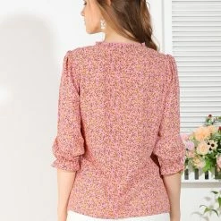 Allegra K Women's Ruffle Split Tie Neck Lace Insert Puff Sleeve Floral Blouse Top 14 Allegra K Women's Ruffle Split Tie Neck Lace Insert Puff Sleeve Floral Blouse Top