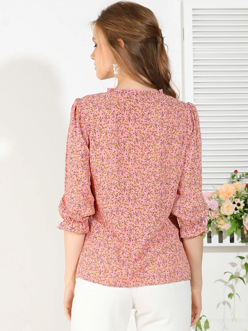 Allegra K Women's Ruffle Split Tie Neck Lace Insert Puff Sleeve Floral Blouse Top 8 Allegra K Women's Ruffle Split Tie Neck Lace Insert Puff Sleeve Floral Blouse Top