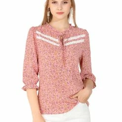 Allegra K Women's Ruffle Split Tie Neck Lace Insert Puff Sleeve Floral Blouse Top