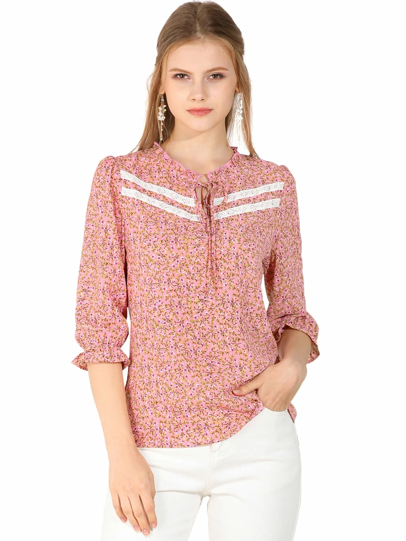 Allegra K Women's Ruffle Split Tie Neck Lace Insert Puff Sleeve Floral Blouse Top 4 Allegra K Women's Ruffle Split Tie Neck Lace Insert Puff Sleeve Floral Blouse Top