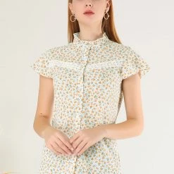 Allegra K Women's Lace See Through Blouses Ruffle Frill Neck Cap Sleeve Floral Button Up Tops