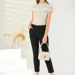 Allegra K Women's Lace See Through Blouses Ruffle Frill Neck Cap Sleeve Floral Button Up Tops