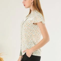 Allegra K Women's Lace See Through Blouses Ruffle Frill Neck Cap Sleeve Floral Button Up Tops