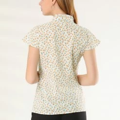 Allegra K Women's Lace See Through Blouses Ruffle Frill Neck Cap Sleeve Floral Button Up Tops