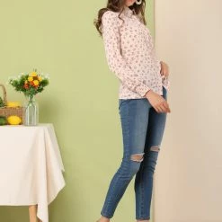 Allegra K Women's Long Sleeve Point Collar Top Blouse Floral Button Down Shirt