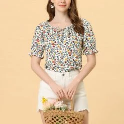 Allegra K Women's Sweetheart Neck Raglan Sleeve Retro Ruffle Floral Tops