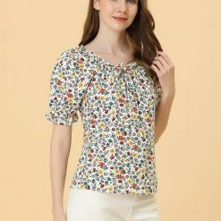 Allegra K Women's Sweetheart Neck Raglan Sleeve Retro Ruffle Floral Tops