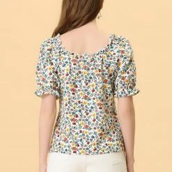 Allegra K Women's Sweetheart Neck Raglan Sleeve Retro Ruffle Floral Tops