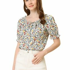 Allegra K Women's Sweetheart Neck Raglan Sleeve Retro Ruffle Floral Tops