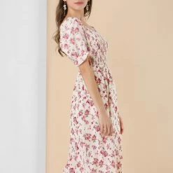 Allegra K Women's Square Neck Puff Sleeves Casual Midi Smocked Floral Dress 30 Allegra K Women's Square Neck Puff Sleeves Casual Midi Smocked Floral Dress