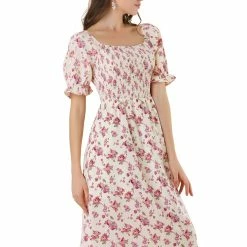 Allegra K Women's Square Neck Puff Sleeves Casual Midi Smocked Floral Dress 27 Allegra K Women's Square Neck Puff Sleeves Casual Midi Smocked Floral Dress