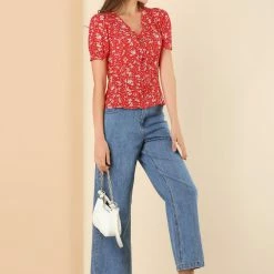 Allegra K Women's Retro Puff Sleeve V Neck Button Front Pleated Floral Shirt Blouse