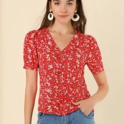 Allegra K Women's Retro Puff Sleeve V Neck Button Front Pleated Floral Shirt Blouse