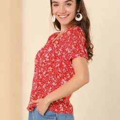 Allegra K Women's Retro Puff Sleeve V Neck Button Front Pleated Floral Shirt Blouse