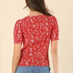 Allegra K Women's Retro Puff Sleeve V Neck Button Front Pleated Floral Shirt Blouse