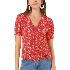 Allegra K Women's Retro Puff Sleeve V Neck Button Front Pleated Floral Shirt Blouse