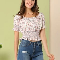 Allegra K Women's Floral Print Crop Blouse Square Neck Ruffle Smocked Top