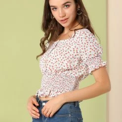 Allegra K Women's Floral Print Crop Blouse Square Neck Ruffle Smocked Top