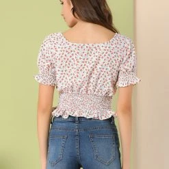 Allegra K Women's Floral Print Crop Blouse Square Neck Ruffle Smocked Top