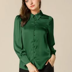 Allegra K Women's Satin Blouse Puff Sleeve Point Collar Vintage Button Up Shirt Tops