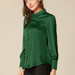 Allegra K Women's Satin Blouse Puff Sleeve Point Collar Vintage Button Up Shirt Tops