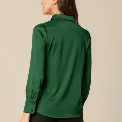 Allegra K Women's Satin Blouse Puff Sleeve Point Collar Vintage Button Up Shirt Tops