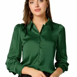Allegra K Women's Satin Blouse Puff Sleeve Point Collar Vintage Button Up Shirt Tops