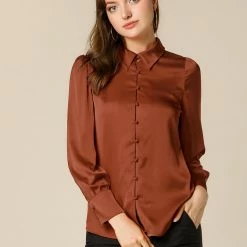 Allegra K Women's Satin Blouse Puff Sleeve Point Collar Vintage Button Up Shirt Tops