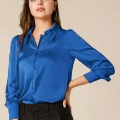 Allegra K Women's Satin Blouse Puff Sleeve Point Collar Vintage Button Up Shirt Tops