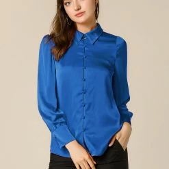Allegra K Women's Satin Blouse Puff Sleeve Point Collar Vintage Button Up Shirt Tops