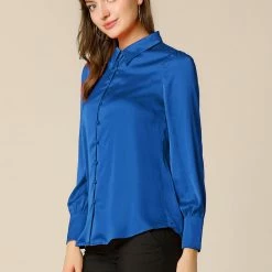 Allegra K Women's Satin Blouse Puff Sleeve Point Collar Vintage Button Up Shirt Tops