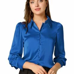 Allegra K Women's Satin Blouse Puff Sleeve Point Collar Vintage Button Up Shirt Tops