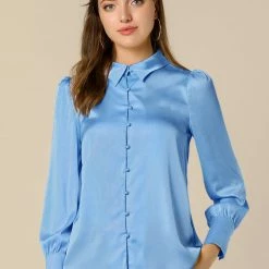 Allegra K Women's Satin Blouse Puff Sleeve Point Collar Vintage Button Up Shirt Tops