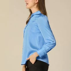 Allegra K Women's Satin Blouse Puff Sleeve Point Collar Vintage Button Up Shirt Tops