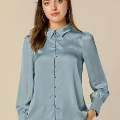 Allegra K Women's Satin Blouse Puff Sleeve Point Collar Vintage Button Up Shirt Tops